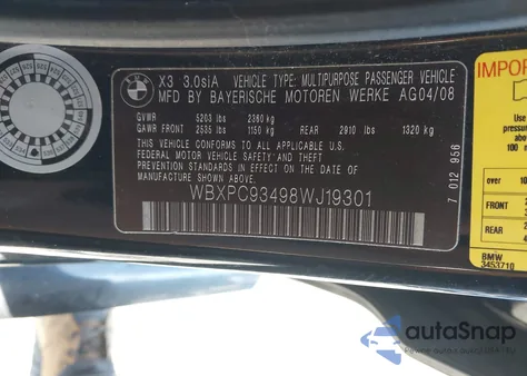 2008 BMW X3 3.0Si from USA, damaged, VIN WBXPC93498WJ19301